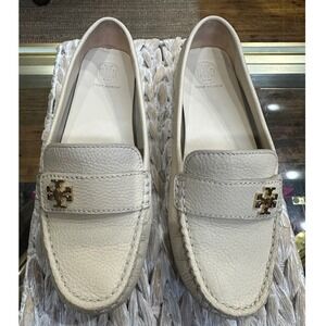 Tory Burch Cream Leather Penny Loafers with Gold Logo